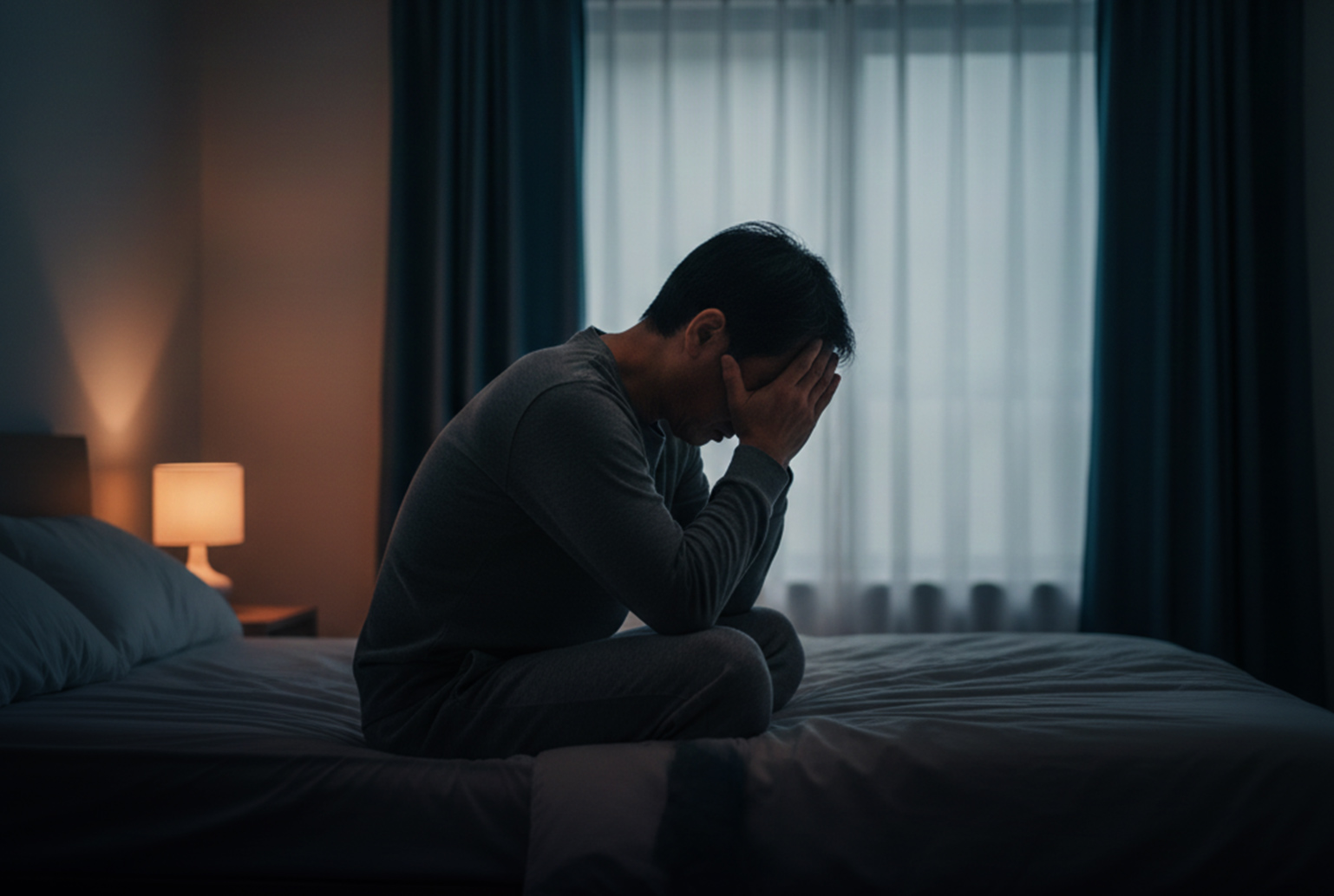 寝室で悩む男性