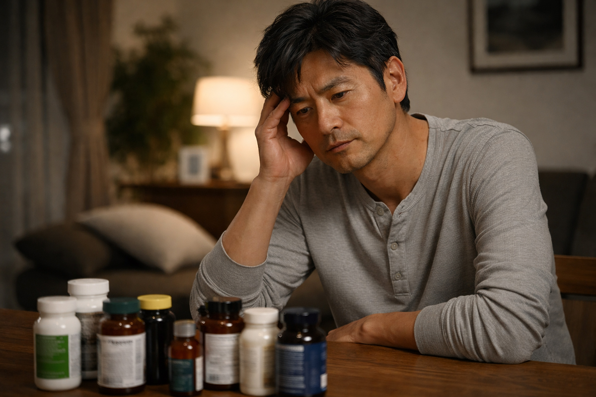 サプリメントの選択に迷う男性